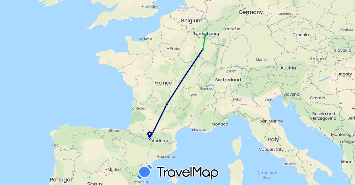 TravelMap itinerary: driving, bus in Spain, France, Luxembourg (Europe)